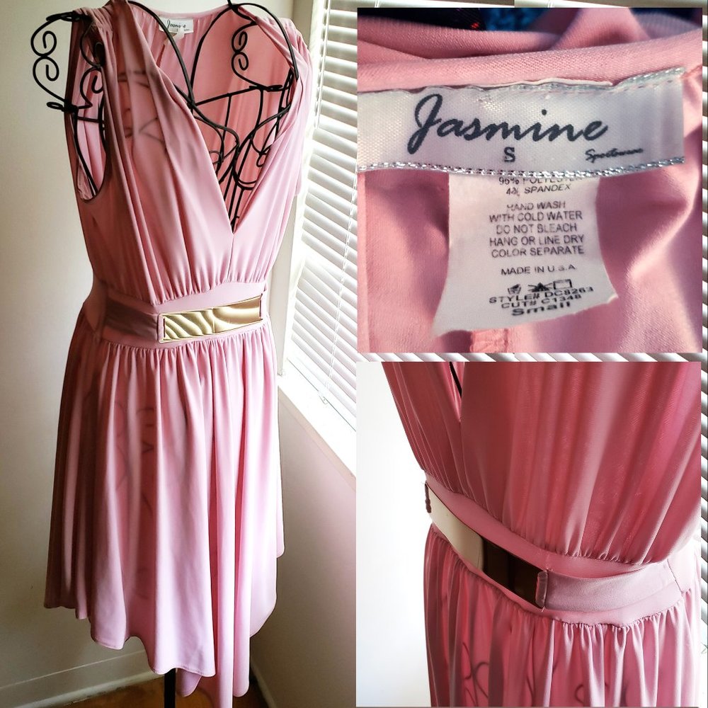 SOLD Vtg Y2K  Cotton Candy Pink Stretch Flair Low-Cut V Scarf-Tip Swing Dress S